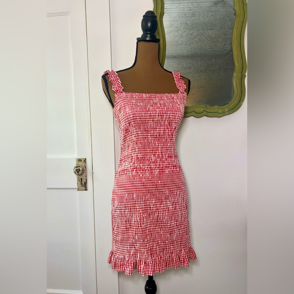 Gianni Bini Mia Smocked Gingham Square Neck Ruffle Strap Sleeveless Mini Dress